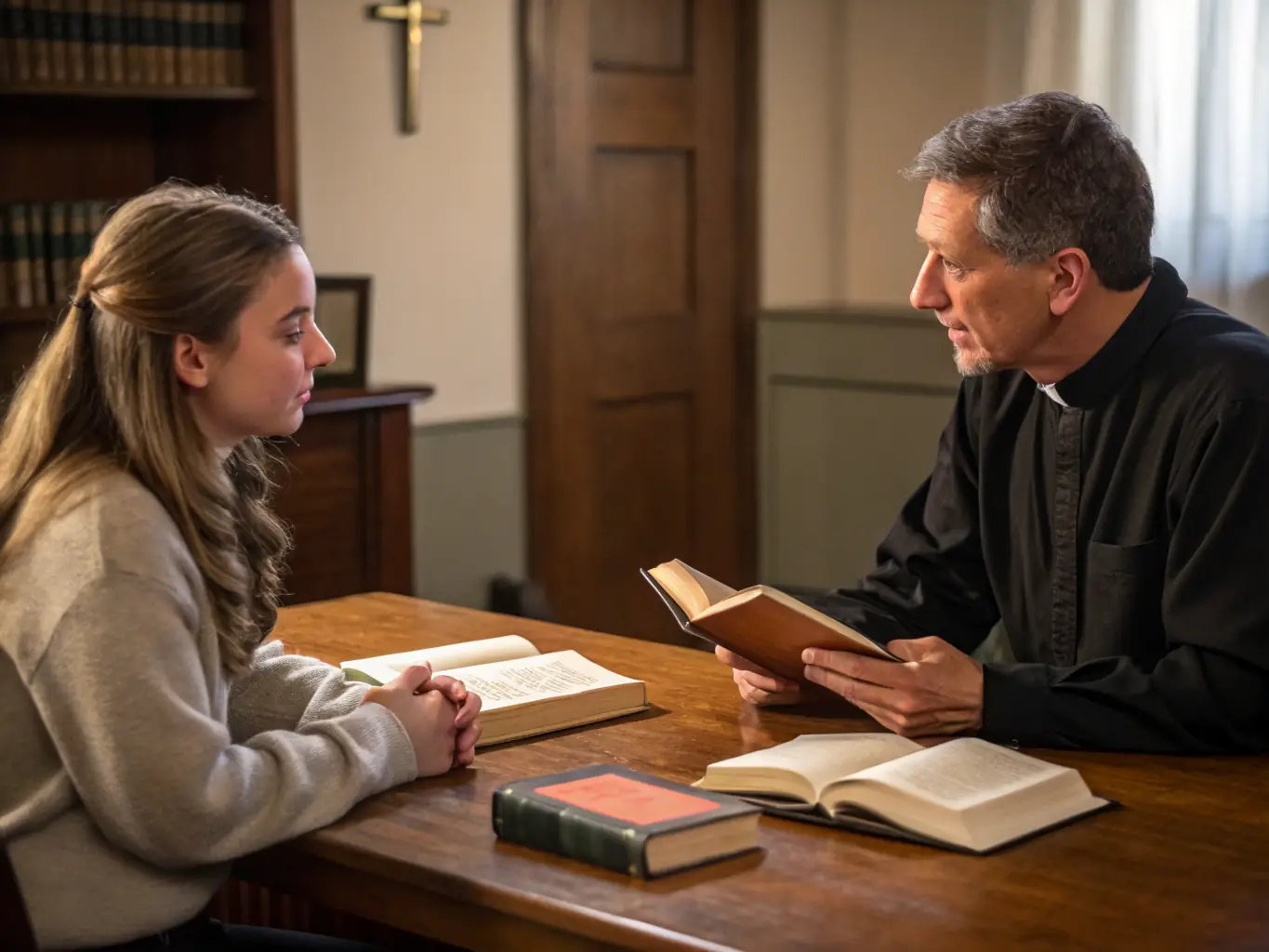 A pastor counseling a congregation member during a community outreach event, representing the Leadership and Pastoral Ministry Diploma program.