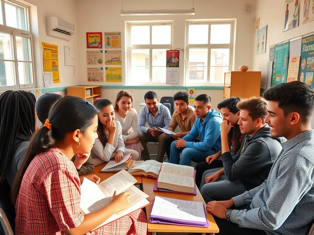 A photograph of a diverse group of students engaged in a lively classroom discussion at Dunamis Bible Institute, with Bibles and notebooks open, set in a modern, well-lit classroom.