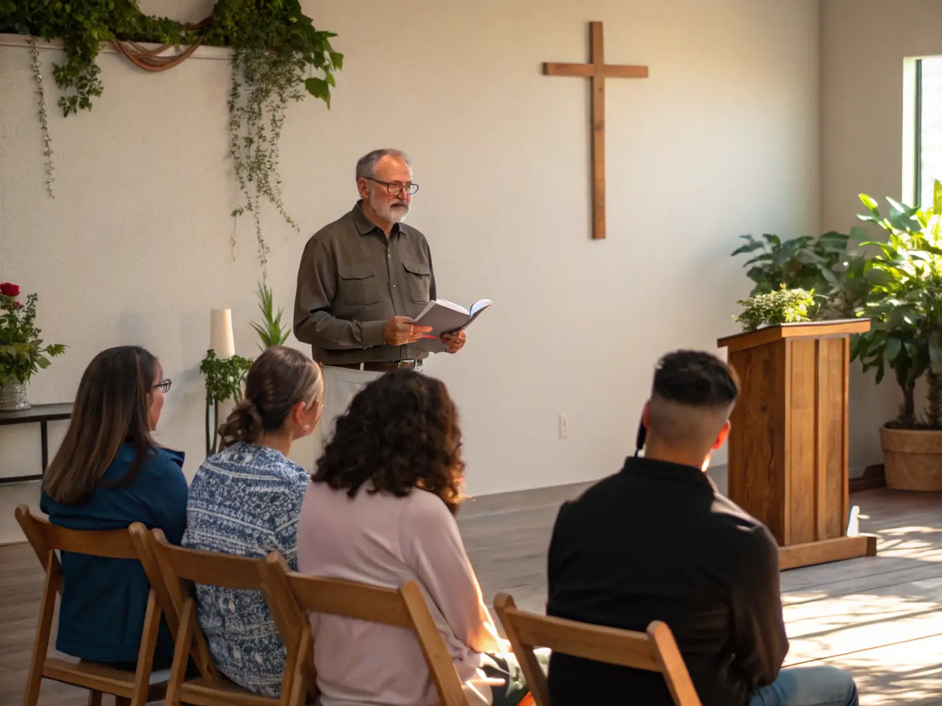 A photograph of a pastor leading a prayer session with a group of church members, showcasing compassionate leadership and spiritual guidance.